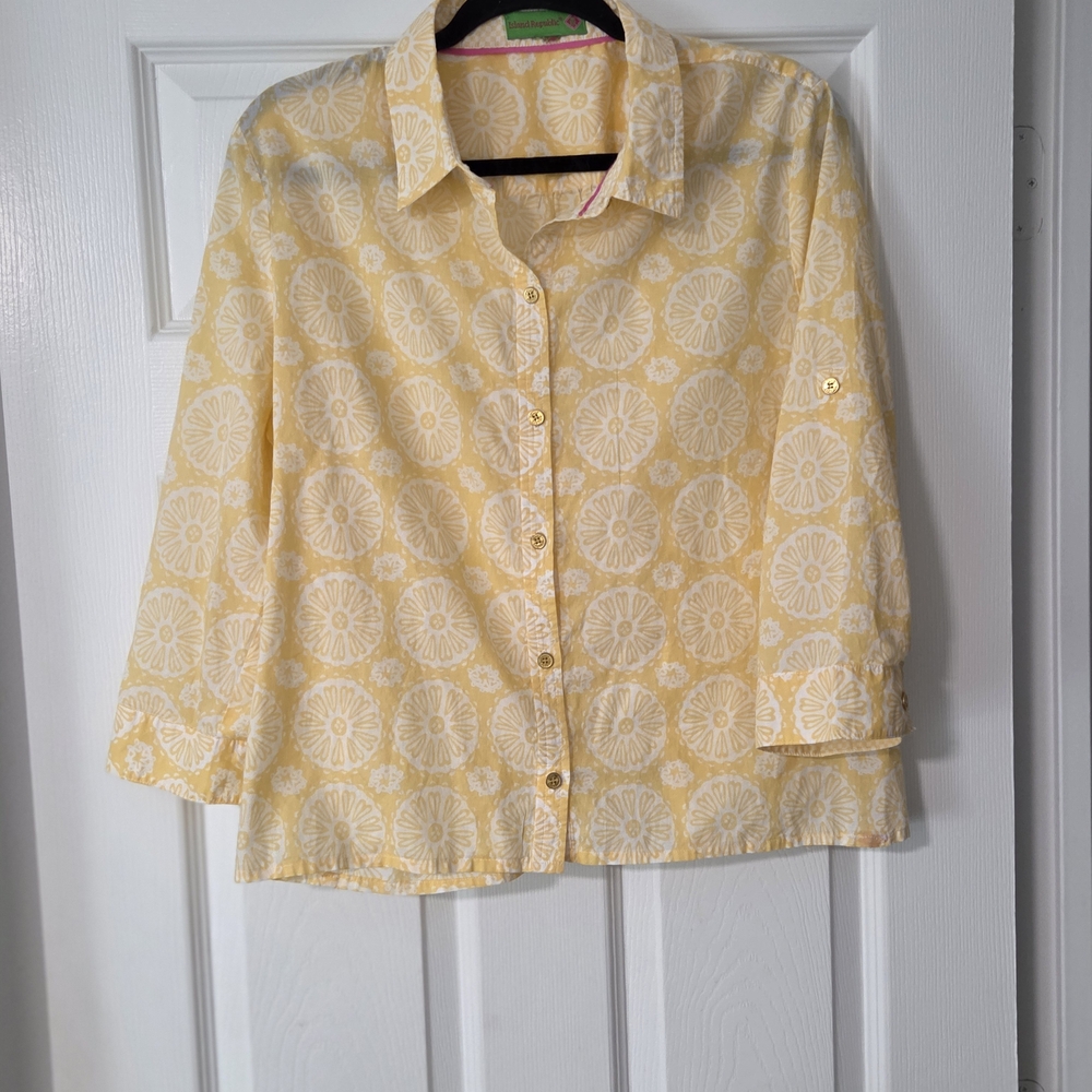 Island Republic Yellow Printed Cotton TropicalResort Style Button-Down Blouse. S